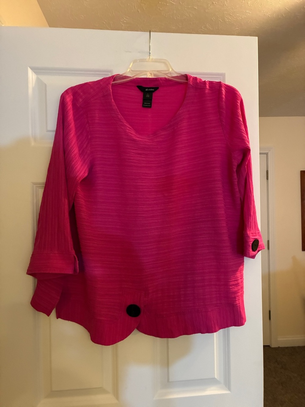 Ali Miles Bright Pink Ribbed V-Neck 3/4 Sleeve Tunic